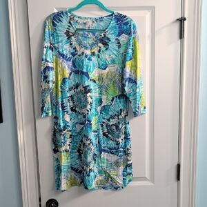 Lulu-B Blue and Green Floral Dress with 3/4 Sleeves
